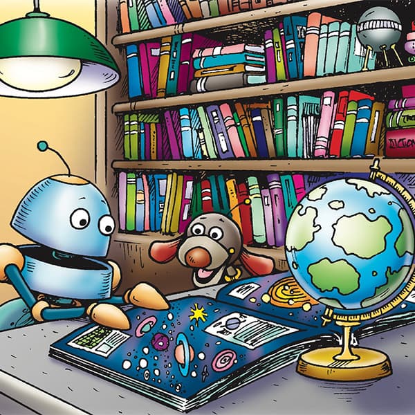 Young Timothy bot does homework with Rusty watching him